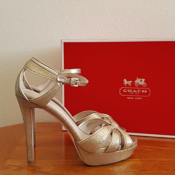 Coach Daylan Gold Dusted Leather Strappy High Heels Women's Shoe Size 8.5 - Picture 1 of 16